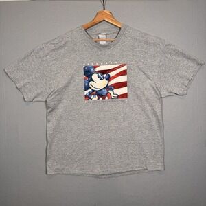 Vtg Y2k Disney Store Mickey Mouse American Flag Grey Graphic T-Shirt- Mens Sz Xl